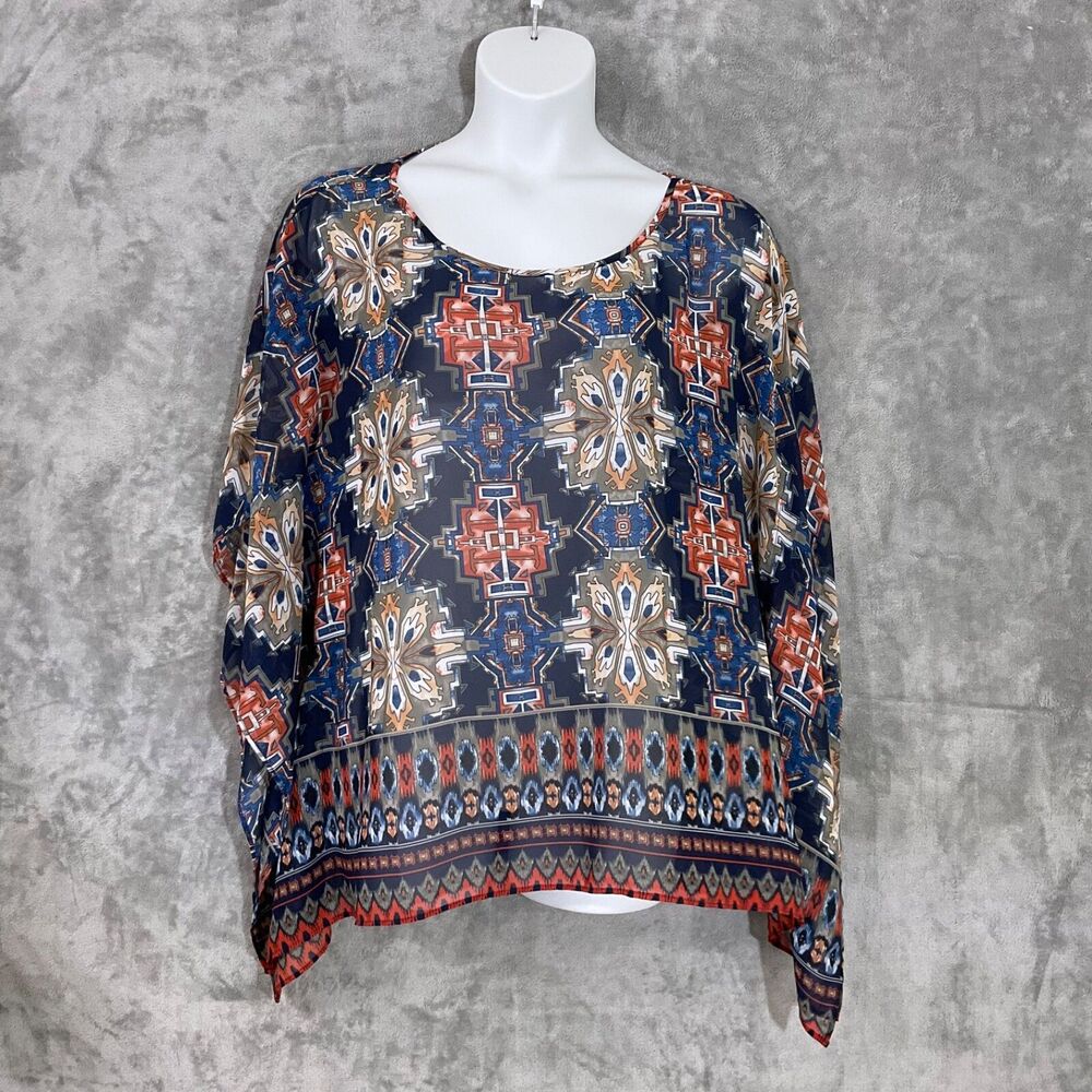 Ariat Boho Western Native Rachel Tunic Poncho Sheer Top Women's Sz XL Blue/Brn.